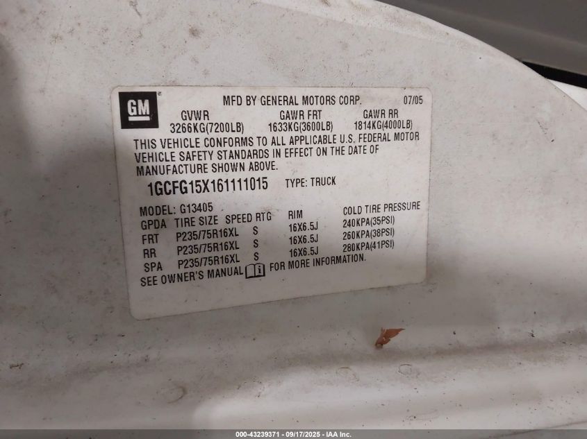 2006 Chevrolet Express Work Van VIN: 1GCFG15X161111015 Lot: 43239371