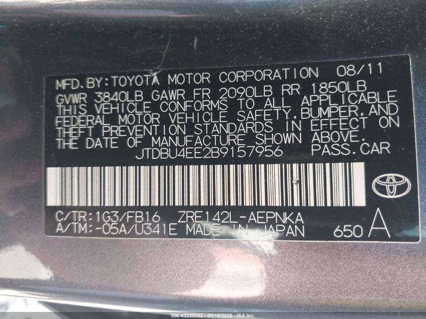 2011 Toyota Corolla Le VIN: JTDBU4EE2B9157956 Lot: 43239392