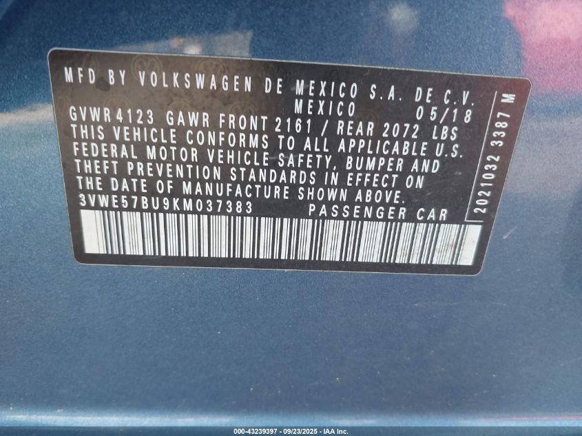 2019 Volkswagen Jetta 1.4T Sel VIN: 3VWE57BU9KM037383 Lot: 43239397