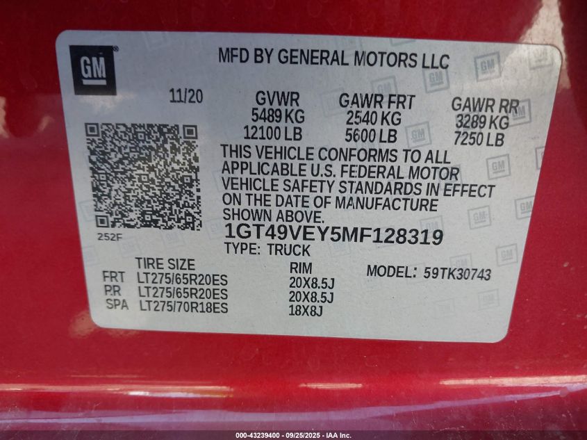 2021 GMC Sierra 3500Hd 4Wd Standard Bed At4 VIN: 1GT49VEY5MF128319 Lot: 43239400