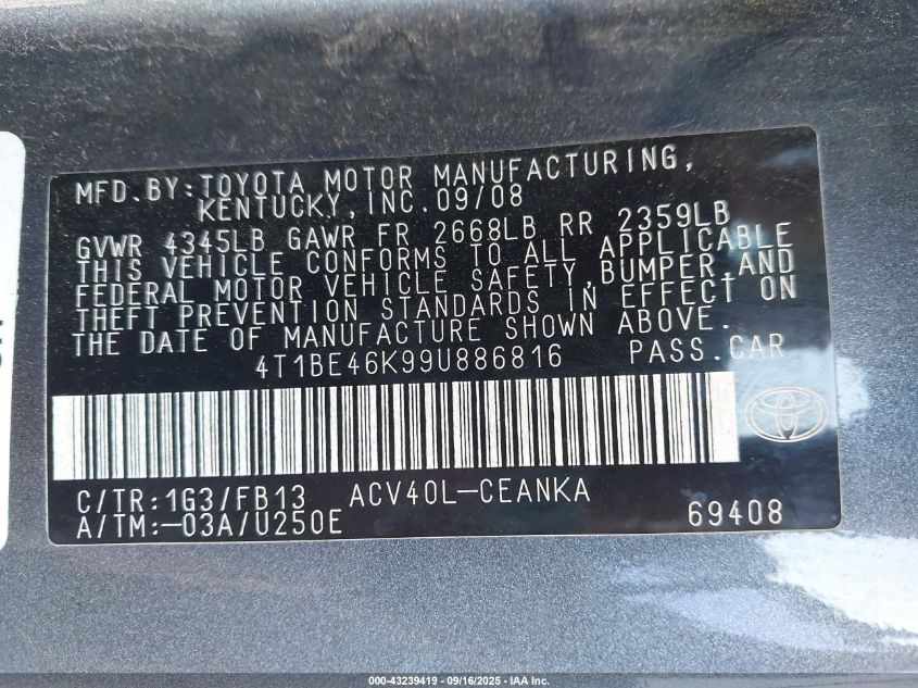 2009 Toyota Camry Le VIN: 4T1BE46K99U886816 Lot: 43239419