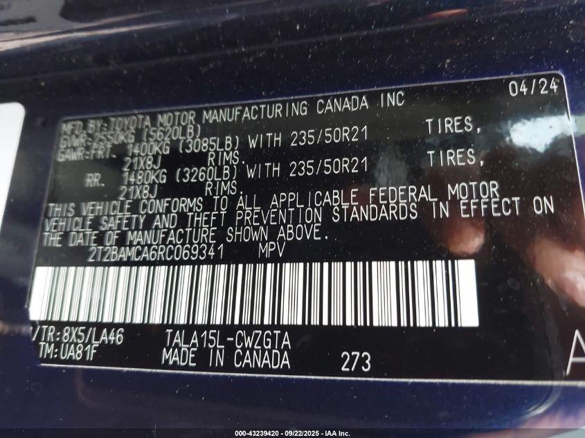 2024 Lexus Rx 350 Luxury VIN: 2T2BAMCA6RC069341 Lot: 43239420