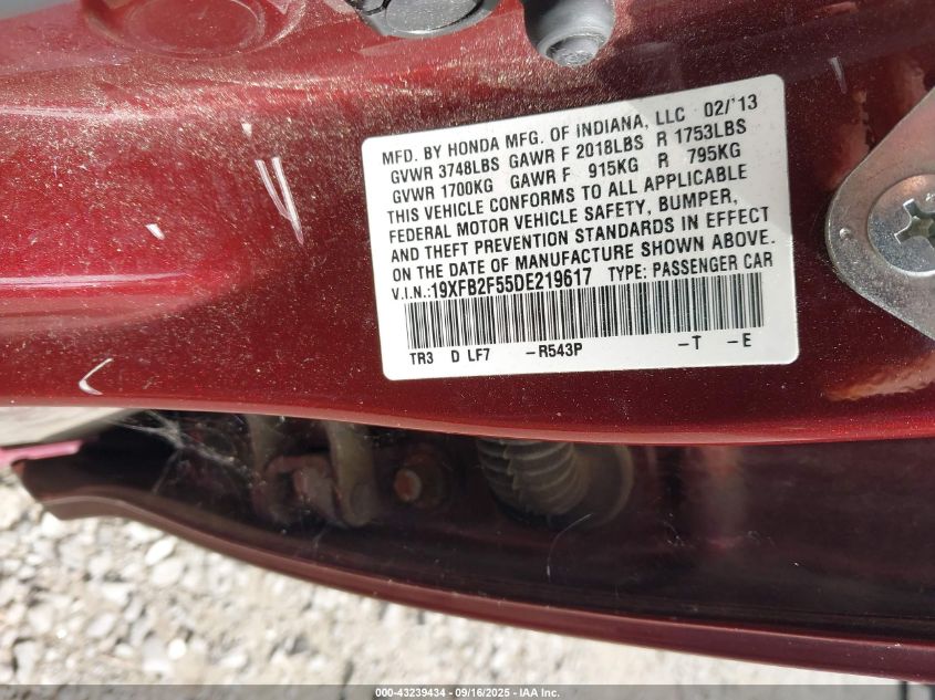 2013 Honda Civic Lx VIN: 19XFB2F55DE219617 Lot: 43239434