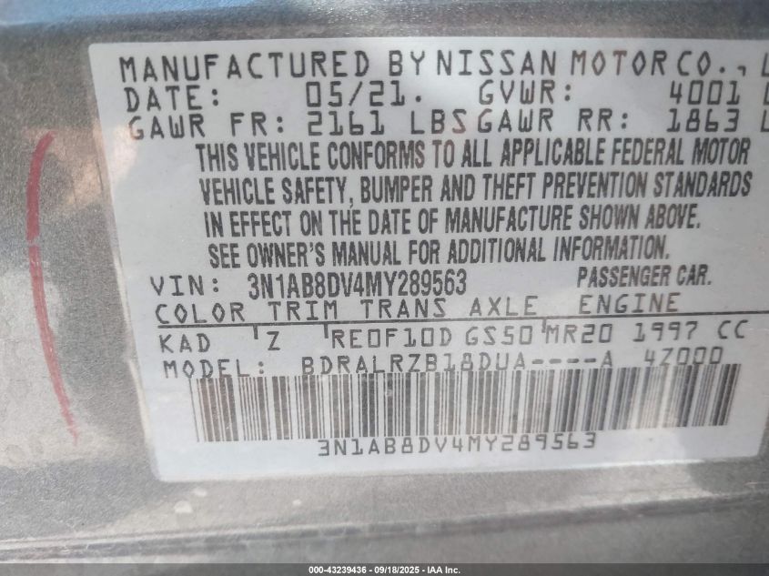 2021 Nissan Sentra Sr Xtronic Cvt VIN: 3N1AB8DV4MY289563 Lot: 43239436