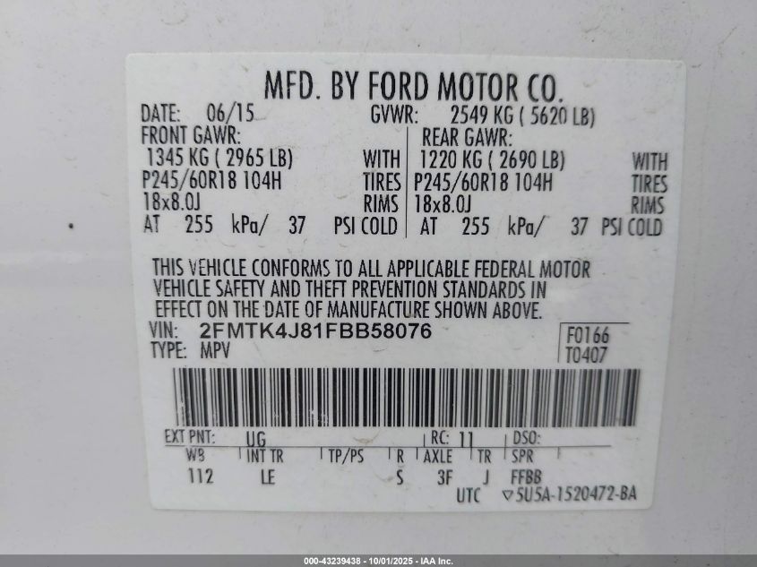 2015 Ford Edge Sel VIN: 2FMTK4J81FBB58076 Lot: 43239438