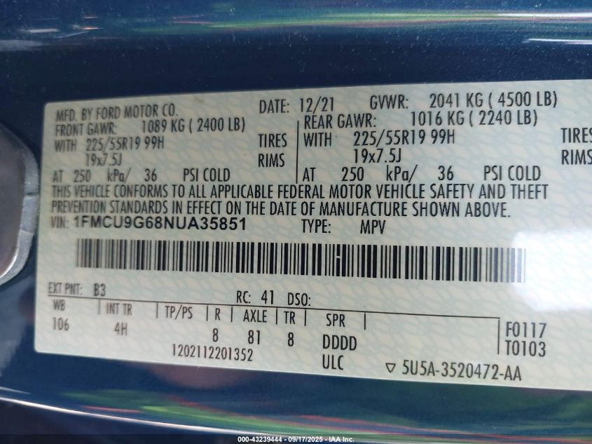 2022 Ford Escape Se VIN: 1FMCU9G68NUA35851 Lot: 43239444