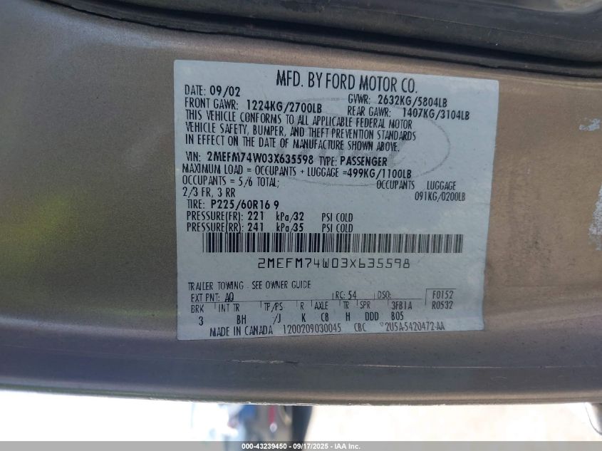 2003 Mercury Grand Marquis Gs VIN: 2MEFM74W03X635598 Lot: 43239450