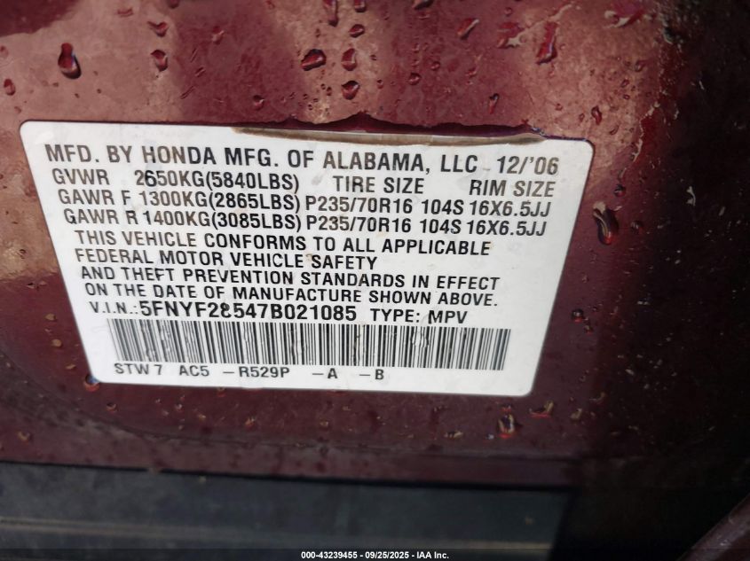 2007 Honda Pilot Ex-L VIN: 5FNYF28547B021085 Lot: 43239455