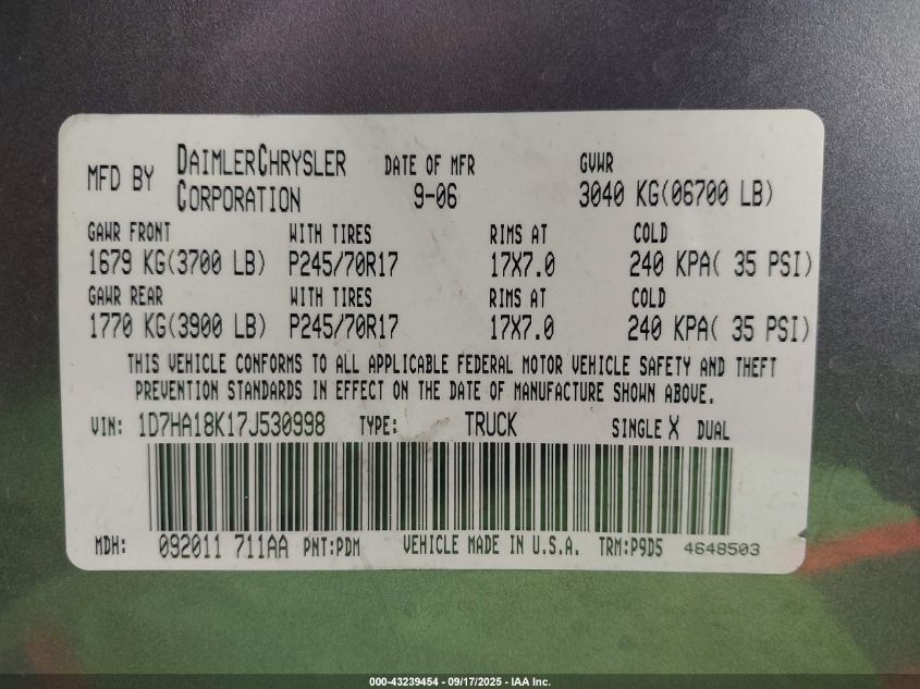 2007 Dodge Ram 1500 St VIN: 1D7HA18K17J530998 Lot: 43239454