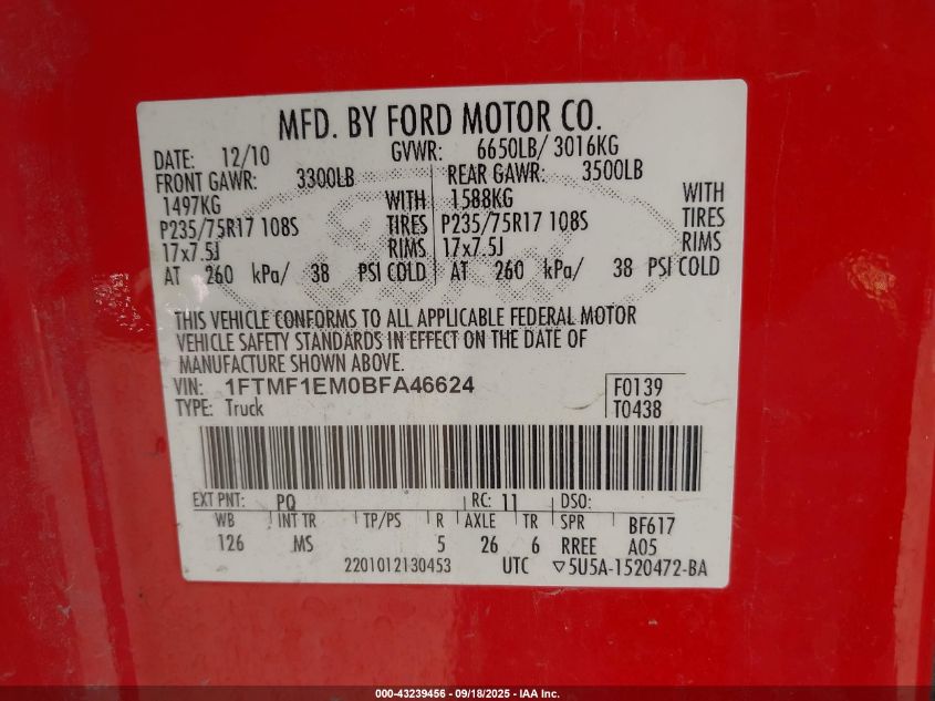 2011 Ford F-150 Xlt VIN: 1FTMF1EM0BFA46624 Lot: 43239456