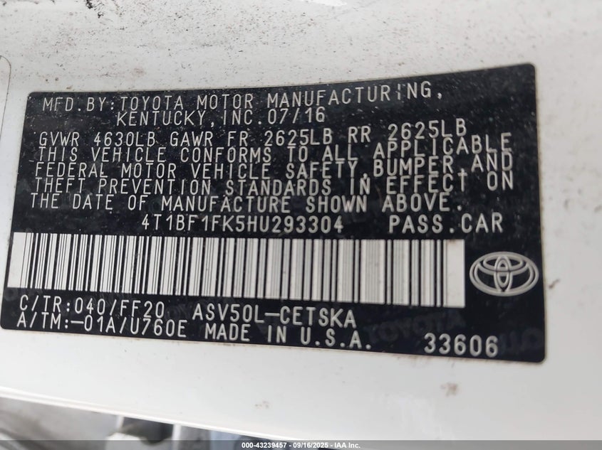 2017 TOYOTA CAMRY SE 4T1BF1FK5HU293304