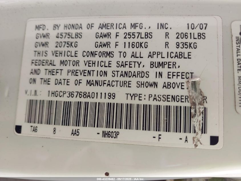 2008 Honda Accord 3.5 Ex VIN: 1HGCP36768A011199 Lot: 43239462