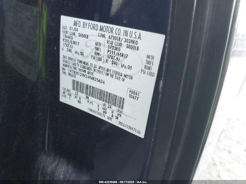 2004 Ford F-150 Stx/Xl/Xlt VIN: 1FTRX12W24NB25634 Lot: 43239468