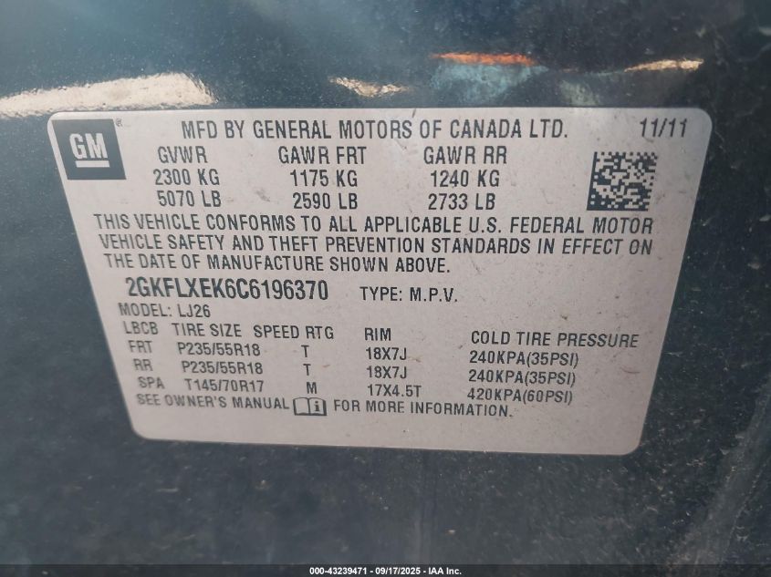 2012 GMC Terrain Slt-2 VIN: 2GKFLXEK6C6196370 Lot: 43239471