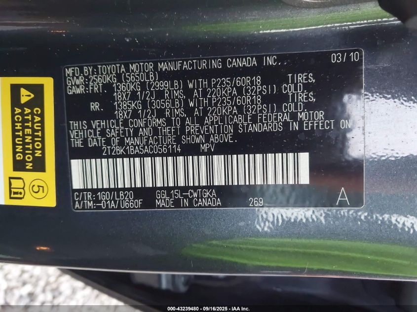 2010 Lexus Rx 350 VIN: 2T2BK1BA5AC056114 Lot: 43239480