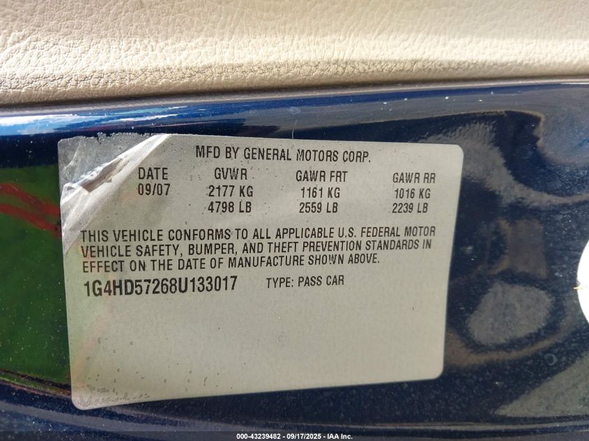 2008 Buick Lucerne Cxl VIN: 1G4HD57268U133017 Lot: 43239482