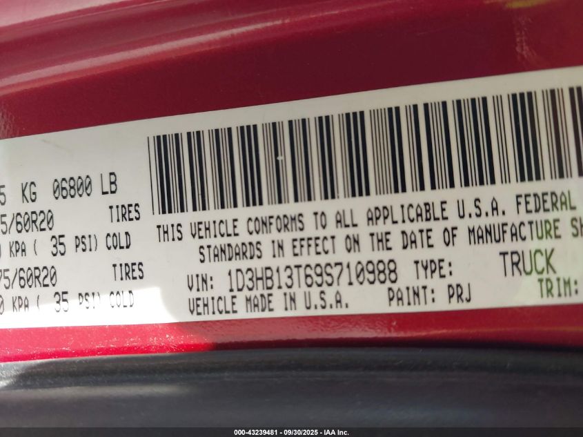 2009 Dodge Ram 1500 Laramie VIN: 1D3HB13T69S710988 Lot: 43239481