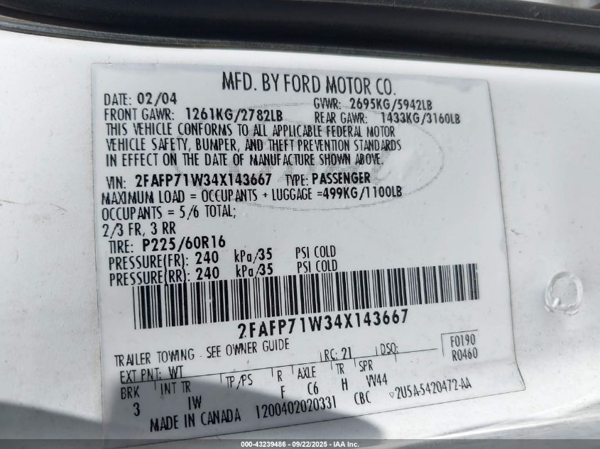 2004 Ford Crown Victoria Police VIN: 2FAFP71W34X143667 Lot: 43239486