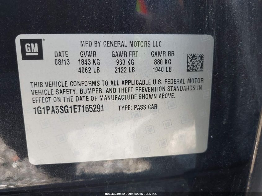 2014 Chevrolet Cruze Ls Auto VIN: 1G1PA5SG1E7165291 Lot: 43239522