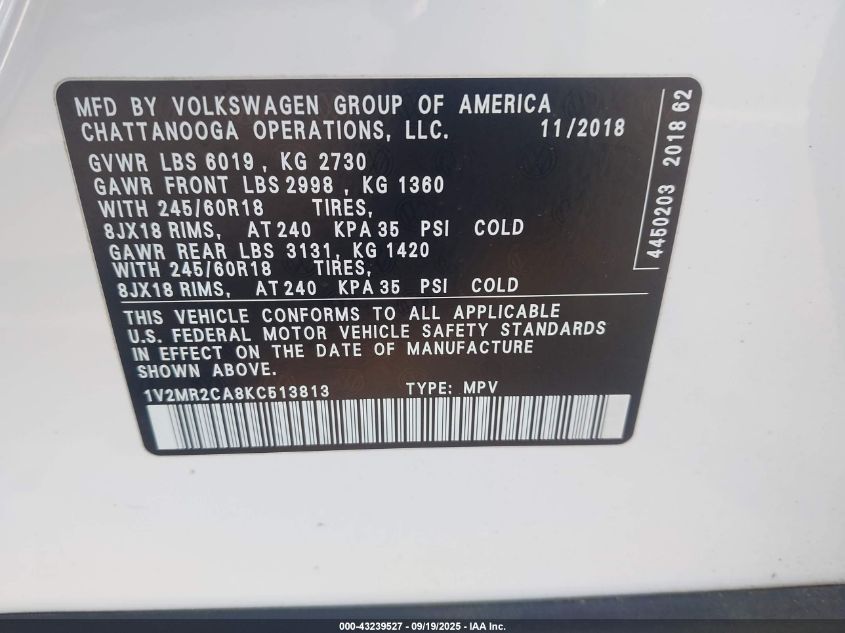 2019 Volkswagen Atlas Sel VIN: 1V2MR2CA8KC513813 Lot: 43239527