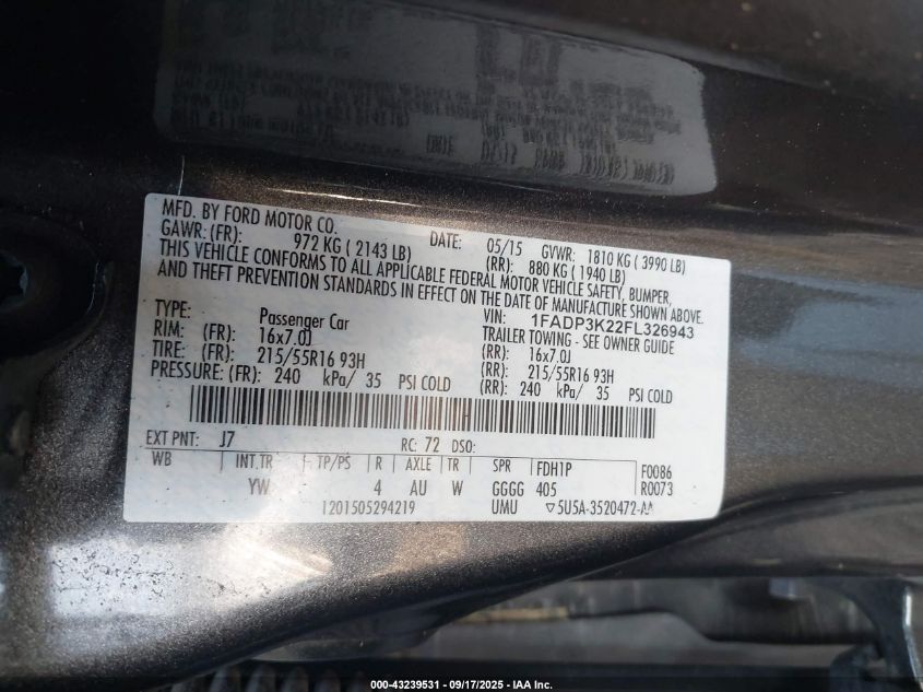 2015 Ford Focus Se VIN: 1FADP3K22FL326943 Lot: 43239531