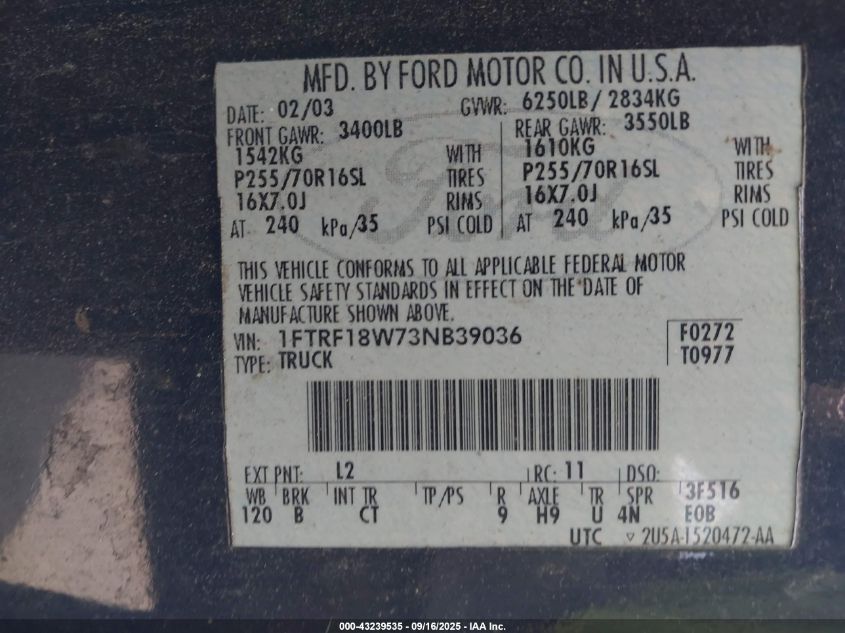 2003 Ford F-150 Xl/Xlt VIN: 1FTRF18W73NB39036 Lot: 43239535
