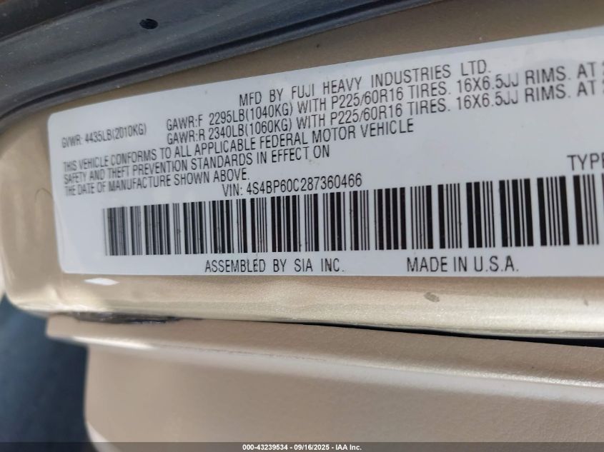 2008 Subaru Outback VIN: 4S4BP60C287360466 Lot: 43239534