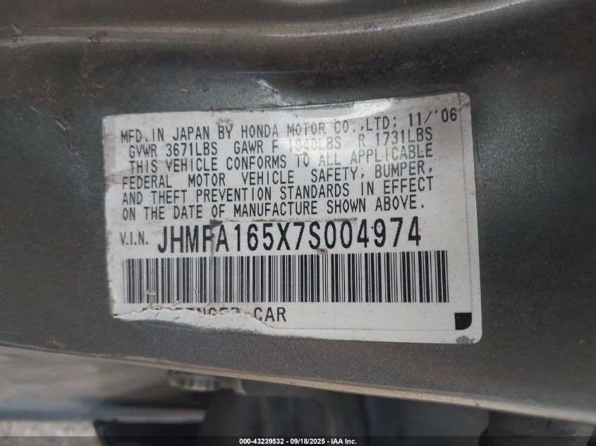 2007 Honda Civic Lx VIN: JHMFA165X7S004974 Lot: 43239532