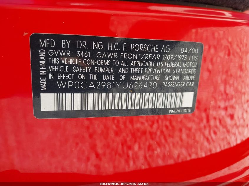 2000 Porsche Boxster VIN: WP0CA2981YU626420 Lot: 43239545