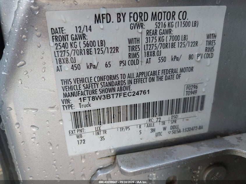 1FT8W3BT7FEC24761 2015 FORD F350 photo no. 8