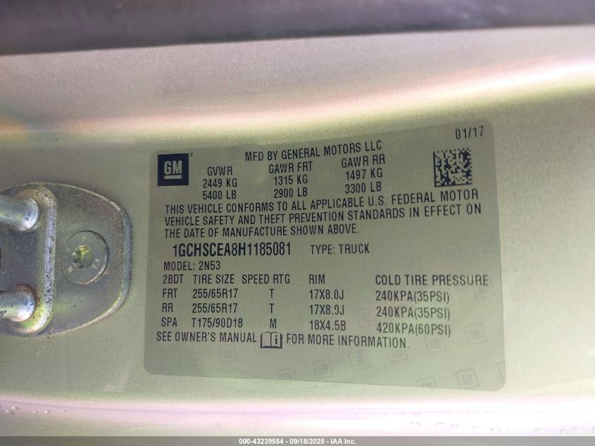 2017 Chevrolet Colorado Lt VIN: 1GCHSCEA8H1185081 Lot: 43239554