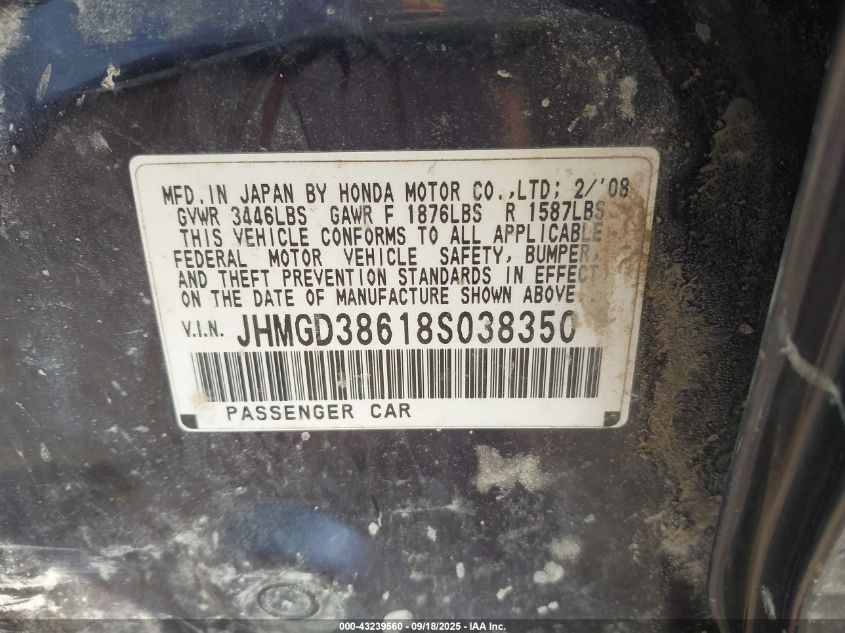 2008 Honda Fit Sport VIN: JHMGD38618S038350 Lot: 43239560