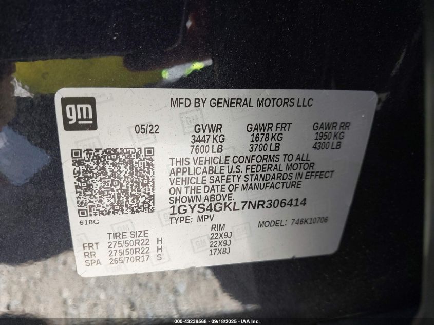 2022 Cadillac Escalade 4Wd Sport Platinum VIN: 1GYS4GKL7NR306414 Lot: 43239568