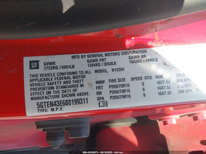 2008 Hummer H3 Suv VIN: 5GTEN43E688199311 Lot: 43239573