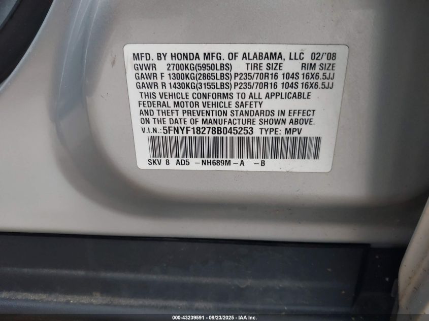 2008 Honda Pilot Vp VIN: 5FNYF18278B045253 Lot: 43239591