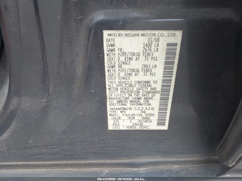 2008 Nissan Xterra S VIN: 5N1AN08W28C522326 Lot: 43239596