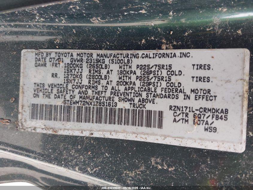 2001 Toyota Tacoma VIN: 5TEWM72NX1Z851613 Lot: 43239600