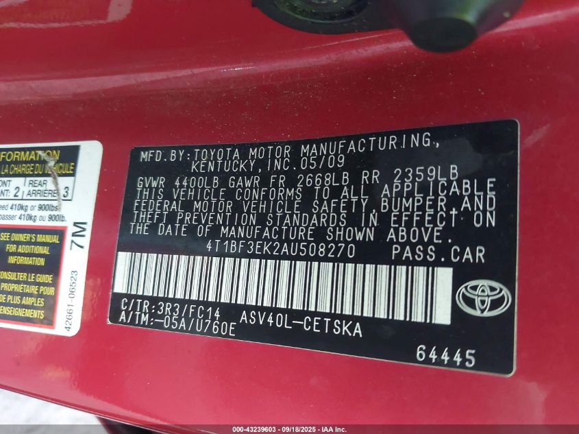 2010 Toyota Camry Se VIN: 4T1BF3EK2AU508270 Lot: 43239603