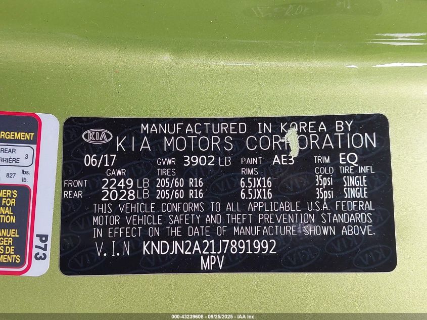 2018 Kia Soul VIN: KNDJN2A21J7891992 Lot: 43239608