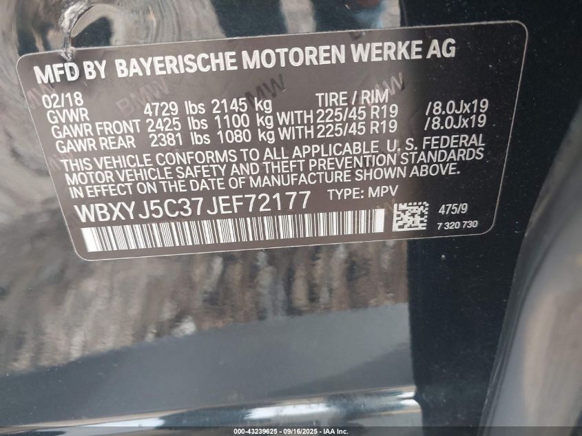 2018 BMW X2 xDrive28I VIN: WBXYJ5C37JEF72177 Lot: 43239625