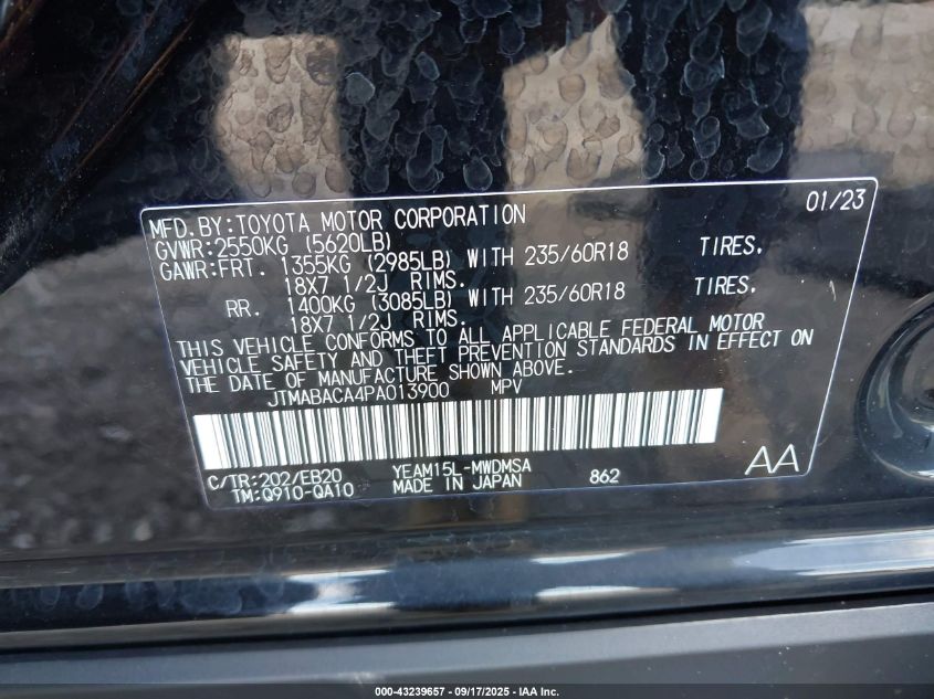 2023 Toyota Bz4X Xle VIN: JTMABACA4PA013900 Lot: 43239657