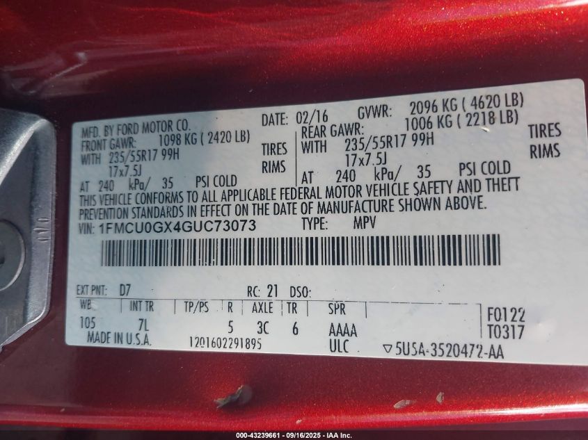 2016 Ford Escape Se VIN: 1FMCU0GX4GUC73073 Lot: 43239661