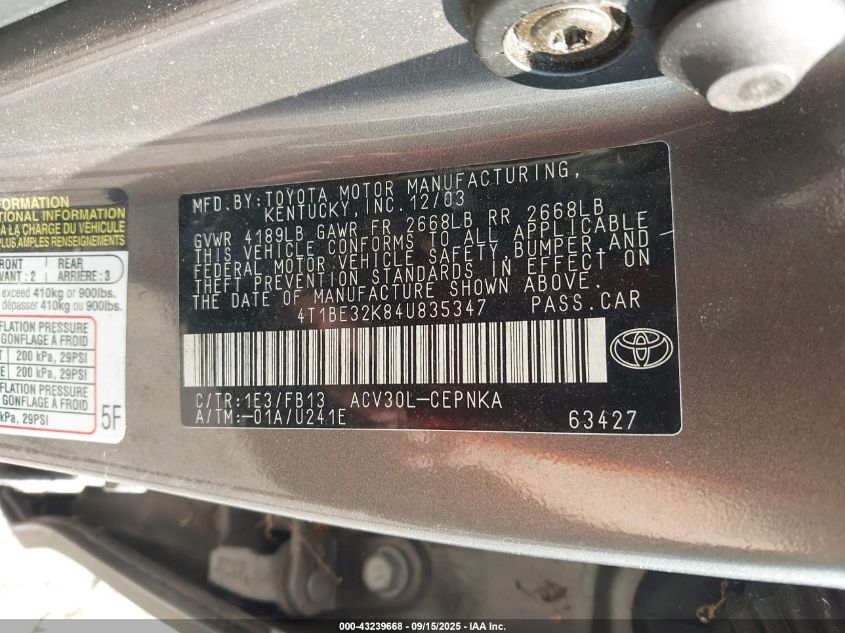 2004 Toyota Camry Le VIN: 4T1BE32K84U835347 Lot: 43239668