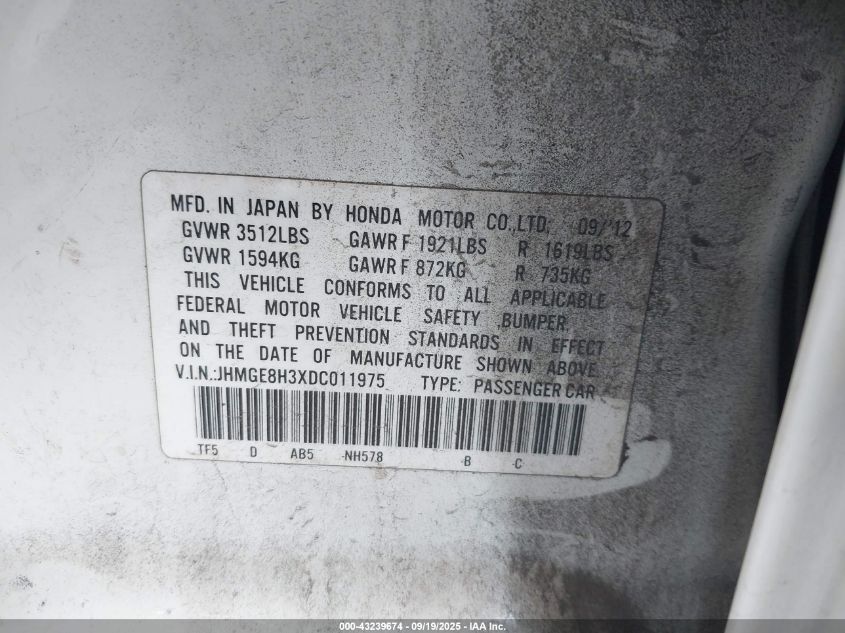 2013 Honda Fit VIN: JHMGE8H3XDC011975 Lot: 43239674