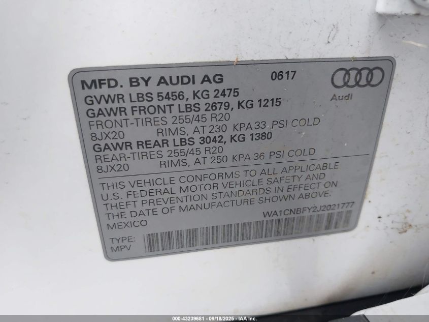 2018 Audi Q5 2.0T Premium/2.0T Tech Premium VIN: WA1CNBFY2J2021777 Lot: 43239681