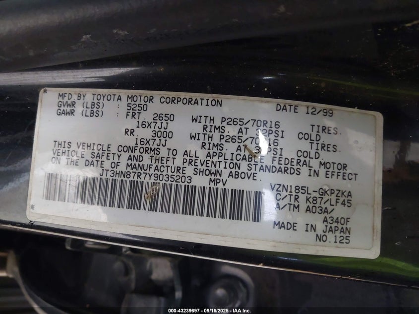 JT3HN87R7Y9035203 2000 TOYOTA 4RUNNER photo no. 9