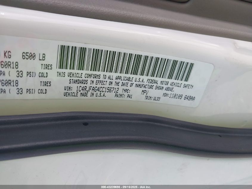 2012 Jeep Grand Cherokee Laredo VIN: 1C4RJFAG4CC156712 Lot: 43239698