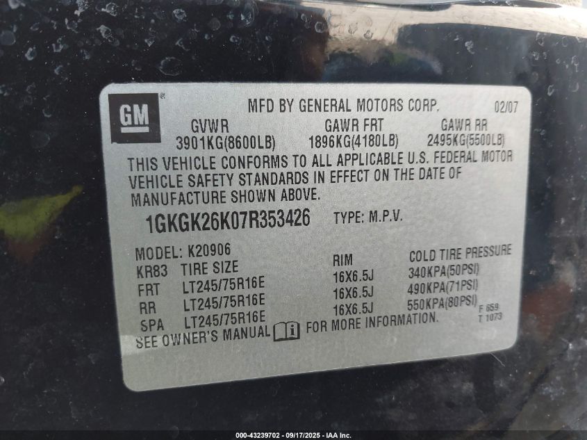 2007 GMC Yukon Xl 2500 Slt VIN: 1GKGK26K07R353426 Lot: 43239702