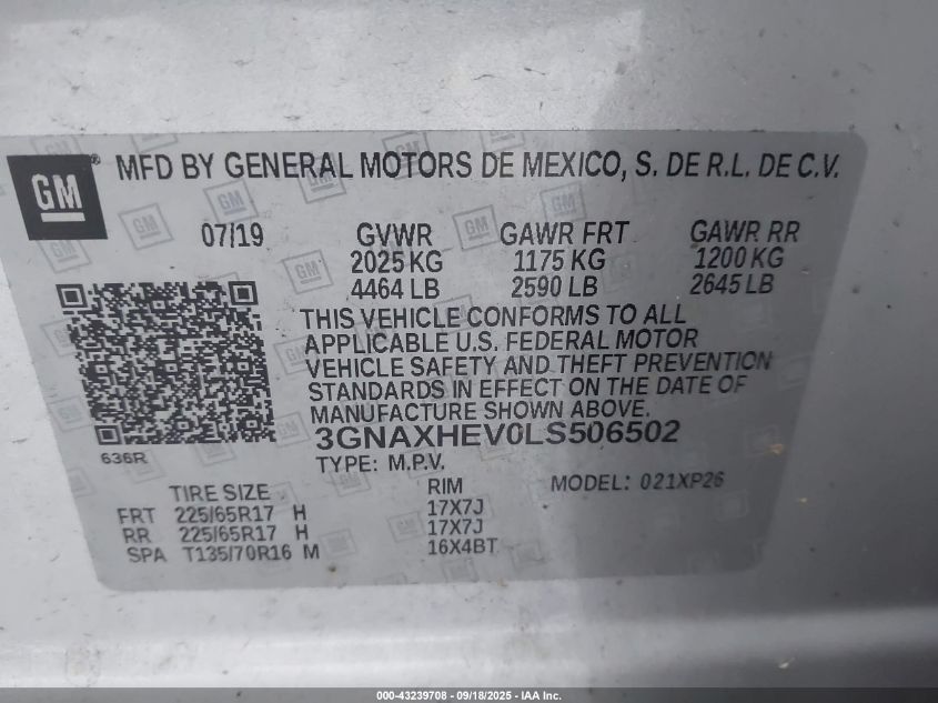 2020 Chevrolet Equinox Fwd Ls VIN: 3GNAXHEV0LS506502 Lot: 43239708