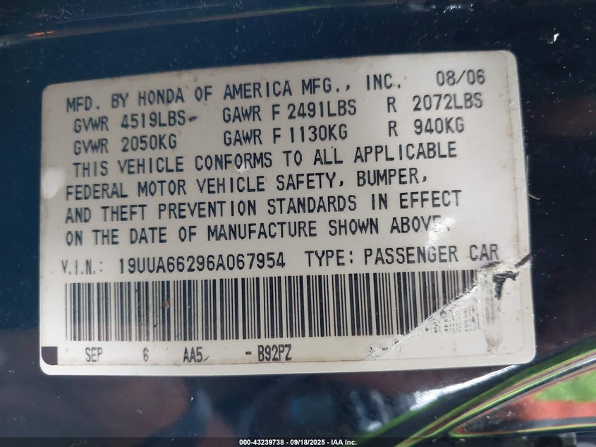 2006 Acura 3.2Tl VIN: 19UUA66296A067954 Lot: 43239738